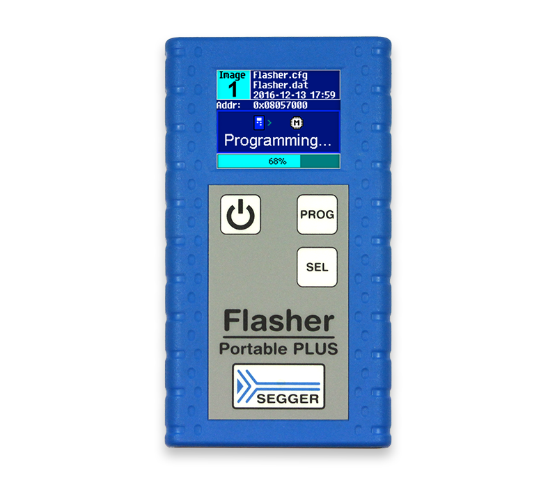 A blue, handheld programming device labeled "Flasher Portable PLUS" with a small digital display shows a programming progress bar at 68%. The screen displays information about configuration files and memory addresses, along with buttons for power, programming, and selection.