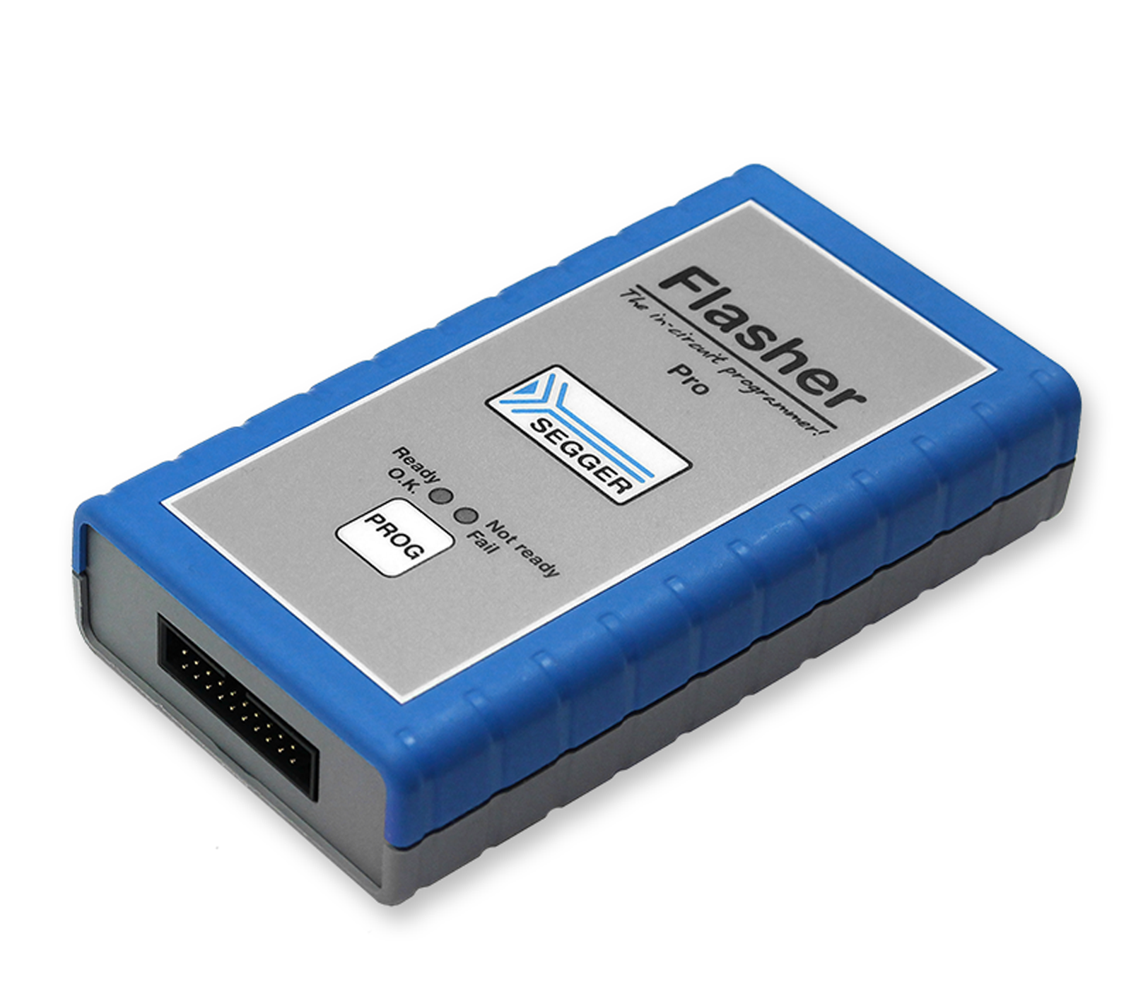 Image of a SEGGER Flasher Pro, a small rectangular programming device with a gray front panel and blue rubber edges. The front displays indicators for "Ready," "Not ready," and "Fail," along with the word "PROG." The design suggests a focus on electronics programming.