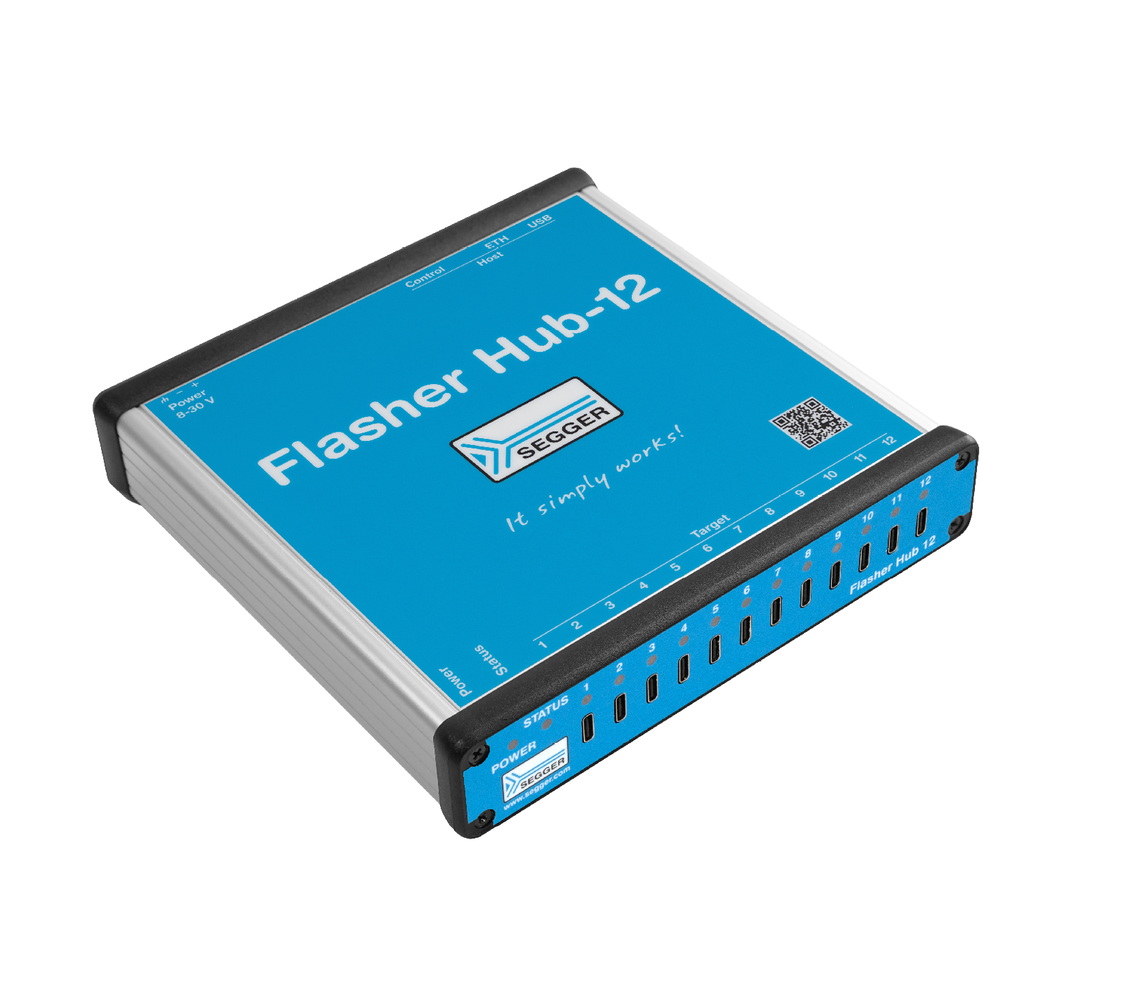 Image of a blue, rectangular device labeled "Flasher Hub-12" on the top. It features multiple ports on one side and a logo. The message reads, "It simply works!" indicating its functionality.