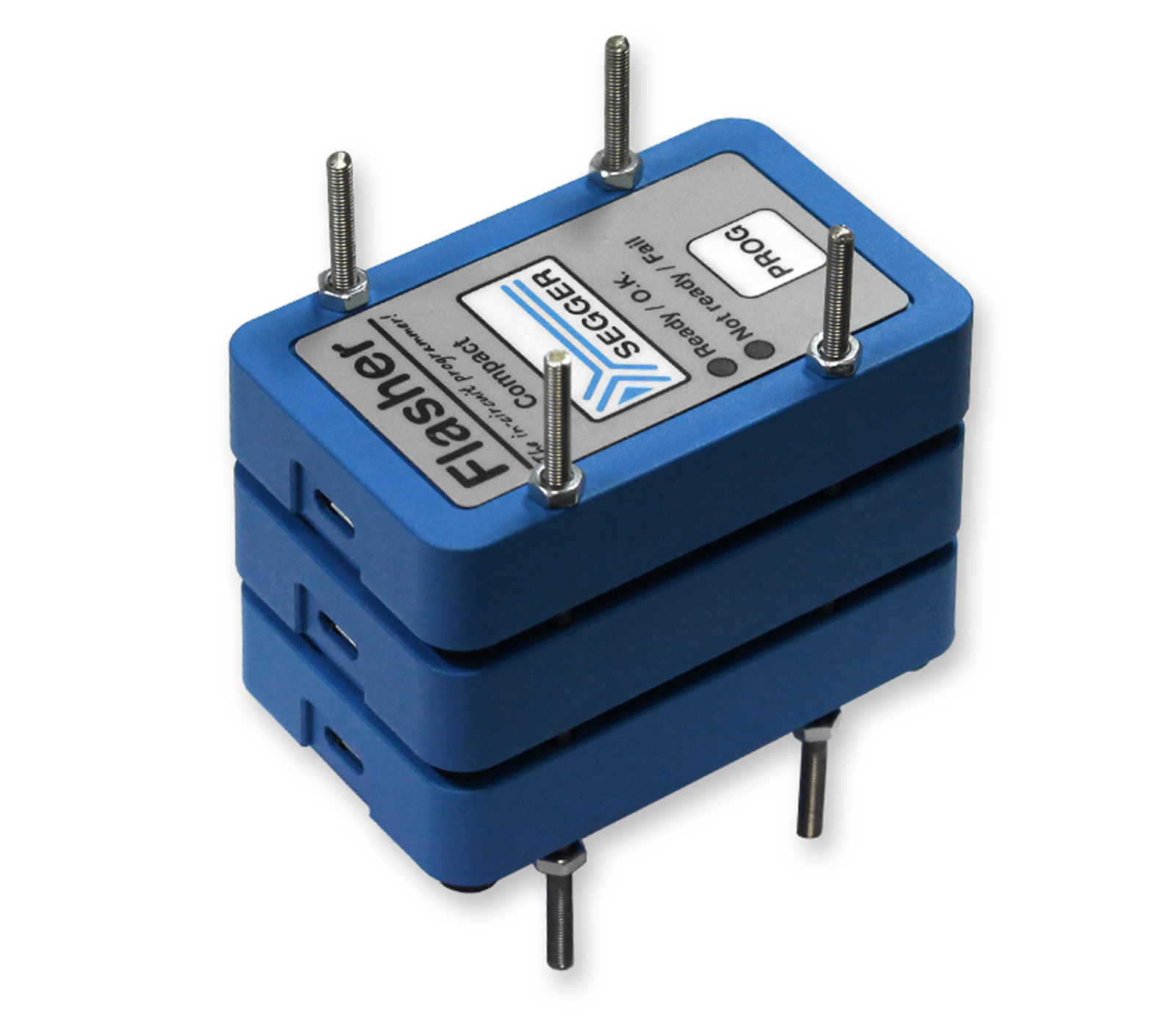 A blue electronic device with three stacked rectangular sections and multiple metal pins protruding from the bottom. The top section features a label with the word "Flasher" and the Segger logo. The device is used for programming and debugging in embedded systems.