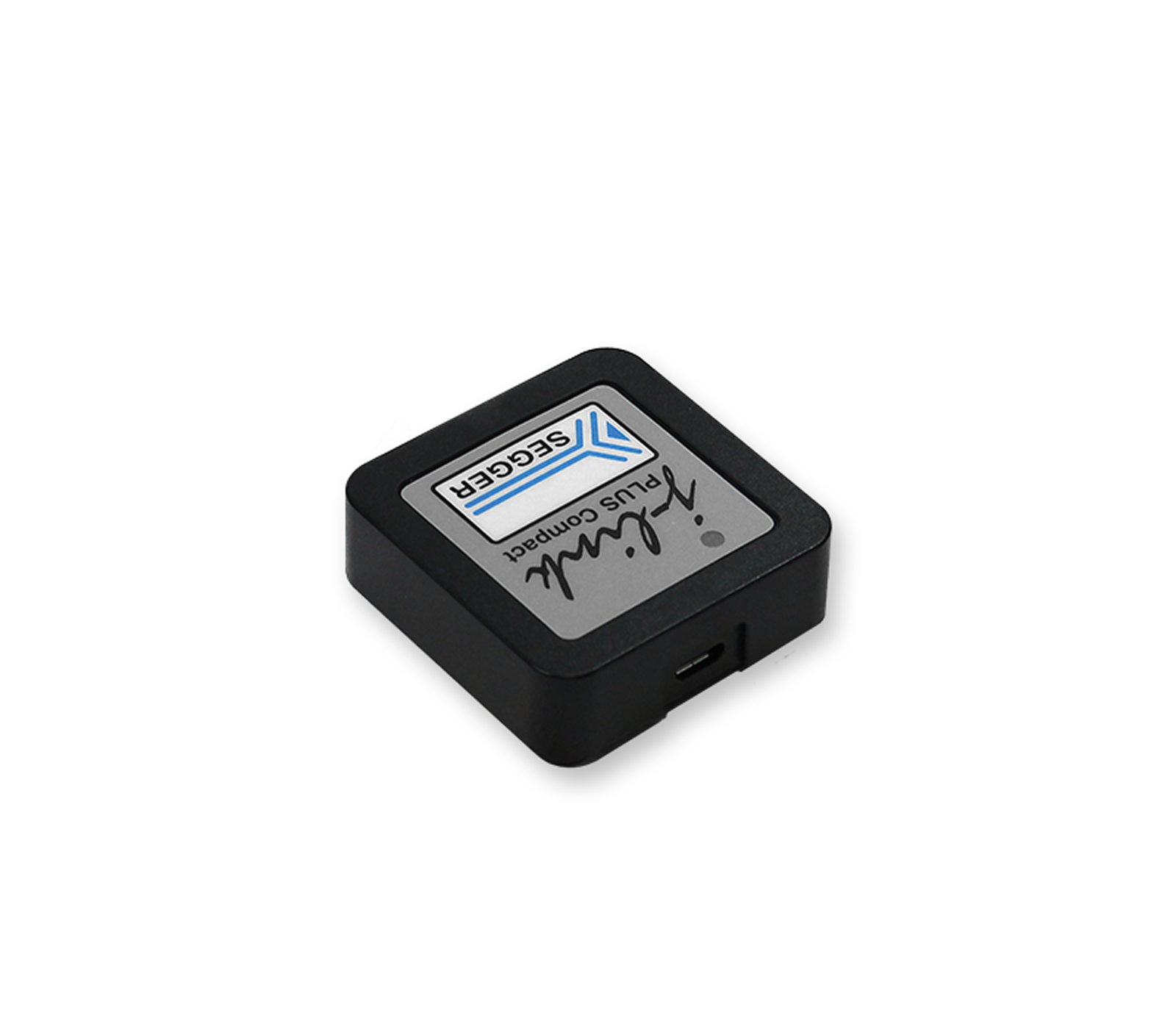 A small, square black device featuring a gray top with the text "Segger" and "J-Link Plus Compact" printed on it. It has a USB port on one side, indicating it may be used for data connectivity or programming purposes.