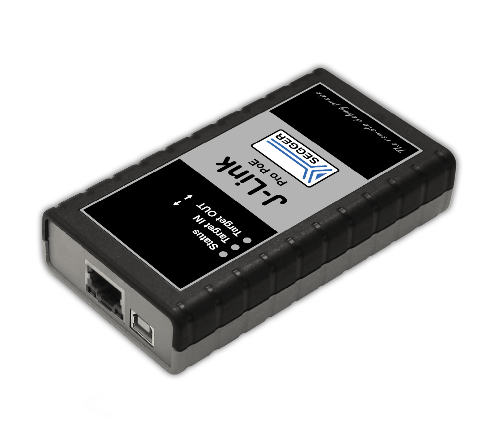 A black rectangular device labeled "J-Link Pro" with a gray section featuring indicators for "Status," "Target Out," and "Target In." It has ports for connections on one side and a textured finish for grip. The device is used for programming and debugging.