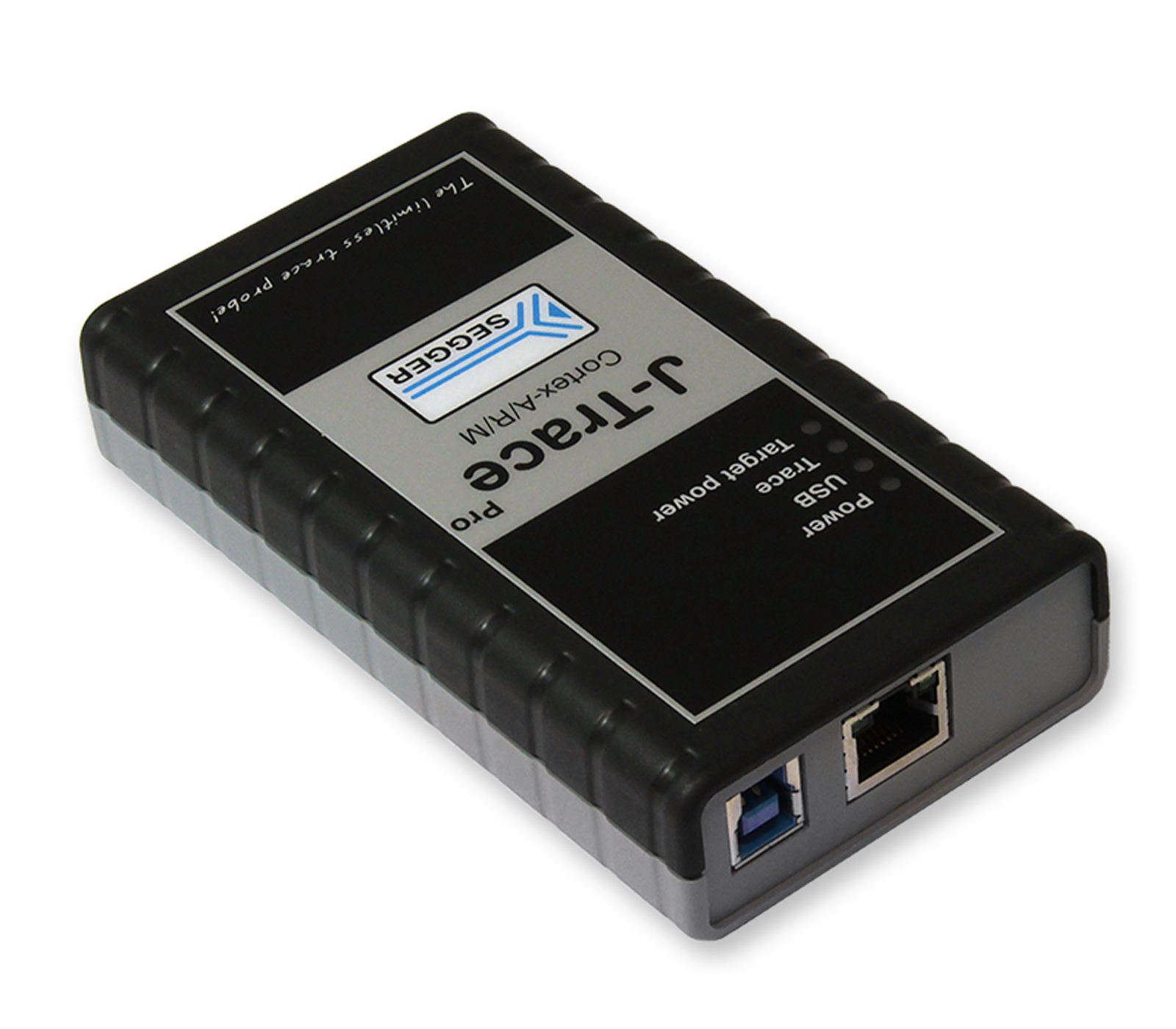 A black and gray device with labeled ports, including USB and Ethernet connections. It features the brand name "Sega" on the top and the model name "J-Trace" prominently displayed. The device is designed for connecting and managing wireless projects.