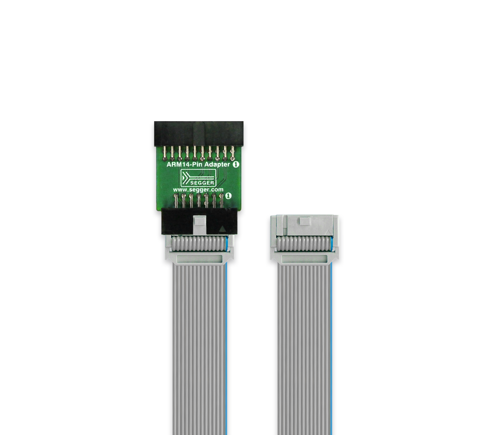 Image of an ARM14-pin adapter, featuring a green top section with pins and the brand logo. It connects to a flat ribbon cable on one side, transitioning to a connector on the other side. The adapter is used for electronic and programming applications.