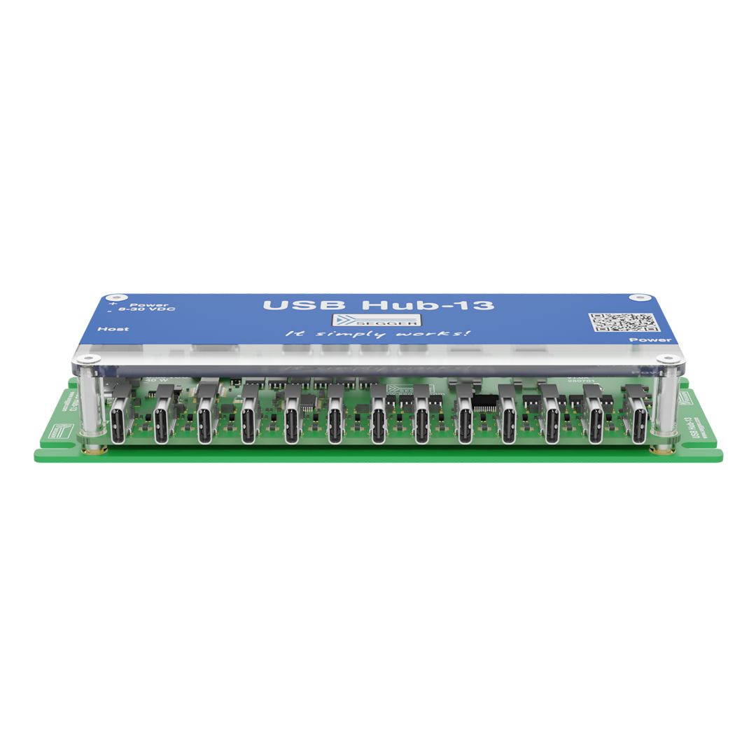 Image shows a USB hub with 13 USB-C ports on a green circuit board. The top features a blue label with the text "USB Hub-13" and "It simply works!" The hub is designed for connecting multiple USB devices.