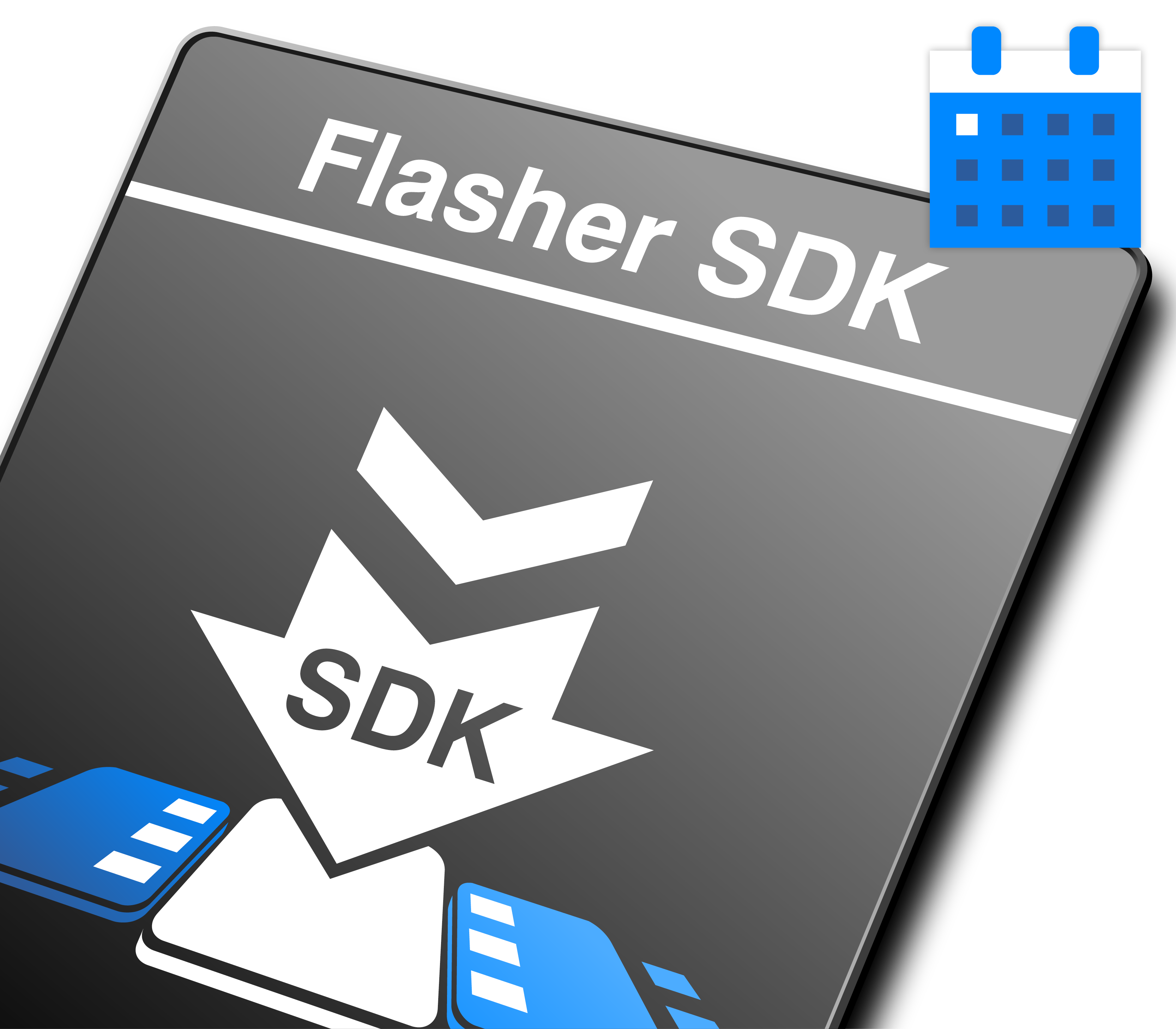Graphic representing the "Flasher SDK," featuring a downward arrow and the acronym "SDK." The design includes elements resembling storage cards and a calendar icon, suggesting functionality related to software development and scheduling. The color scheme is predominantly gray, with blue accents.