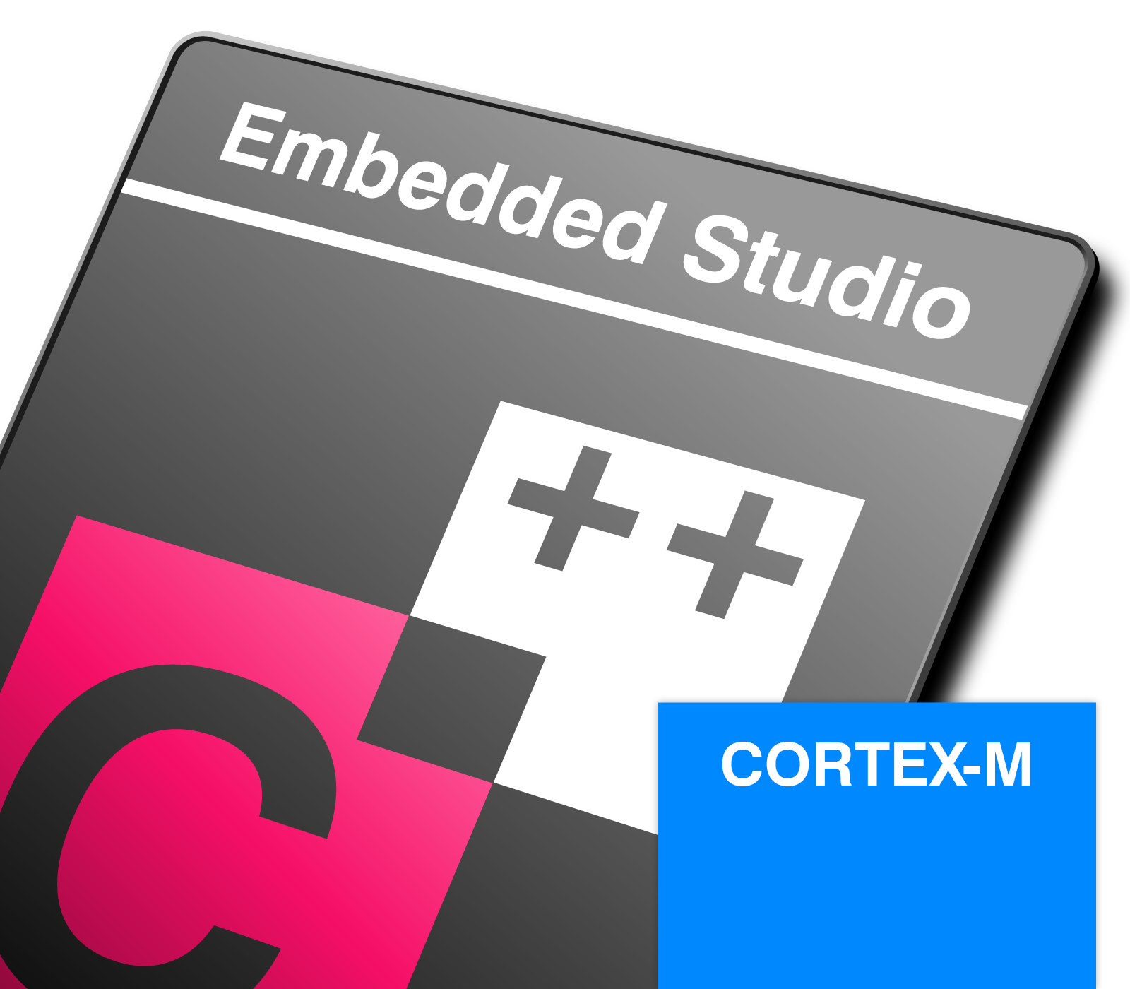 The image features a software logo for "Embedded Studio," prominently displaying the text "C++" in a stylized design. Additionally, there is a blue box labeled "CORTEX-M," indicating a focus on microcontroller development. The overall color scheme includes black, pink, and blue elements.