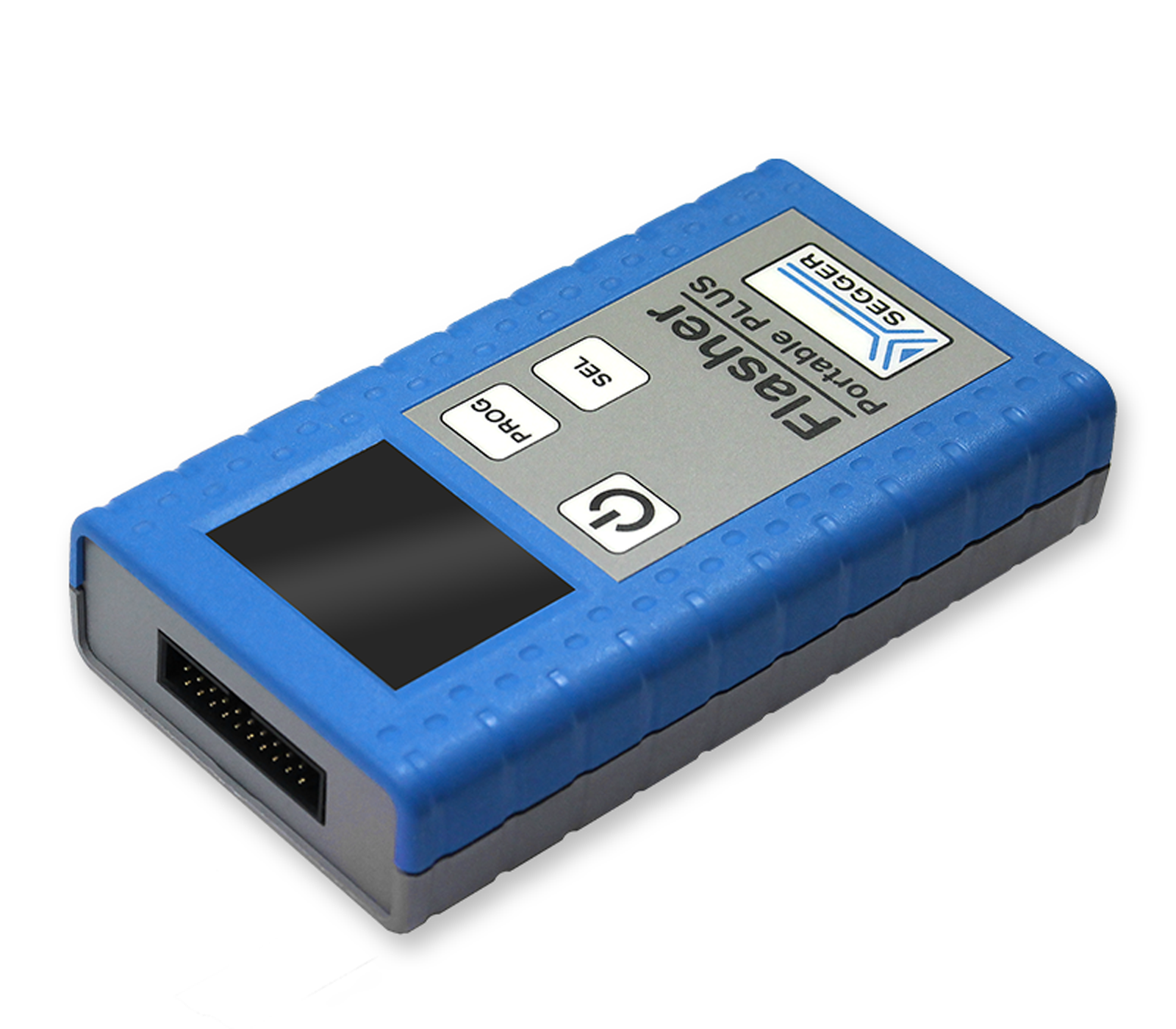 A blue and gray portable device labeled "Falsher Portable Plus." It features three buttons labeled "PROG," "SEL," and a power symbol. The device has a small display area and a connector on one side, commonly used for data transfer or programming tasks.