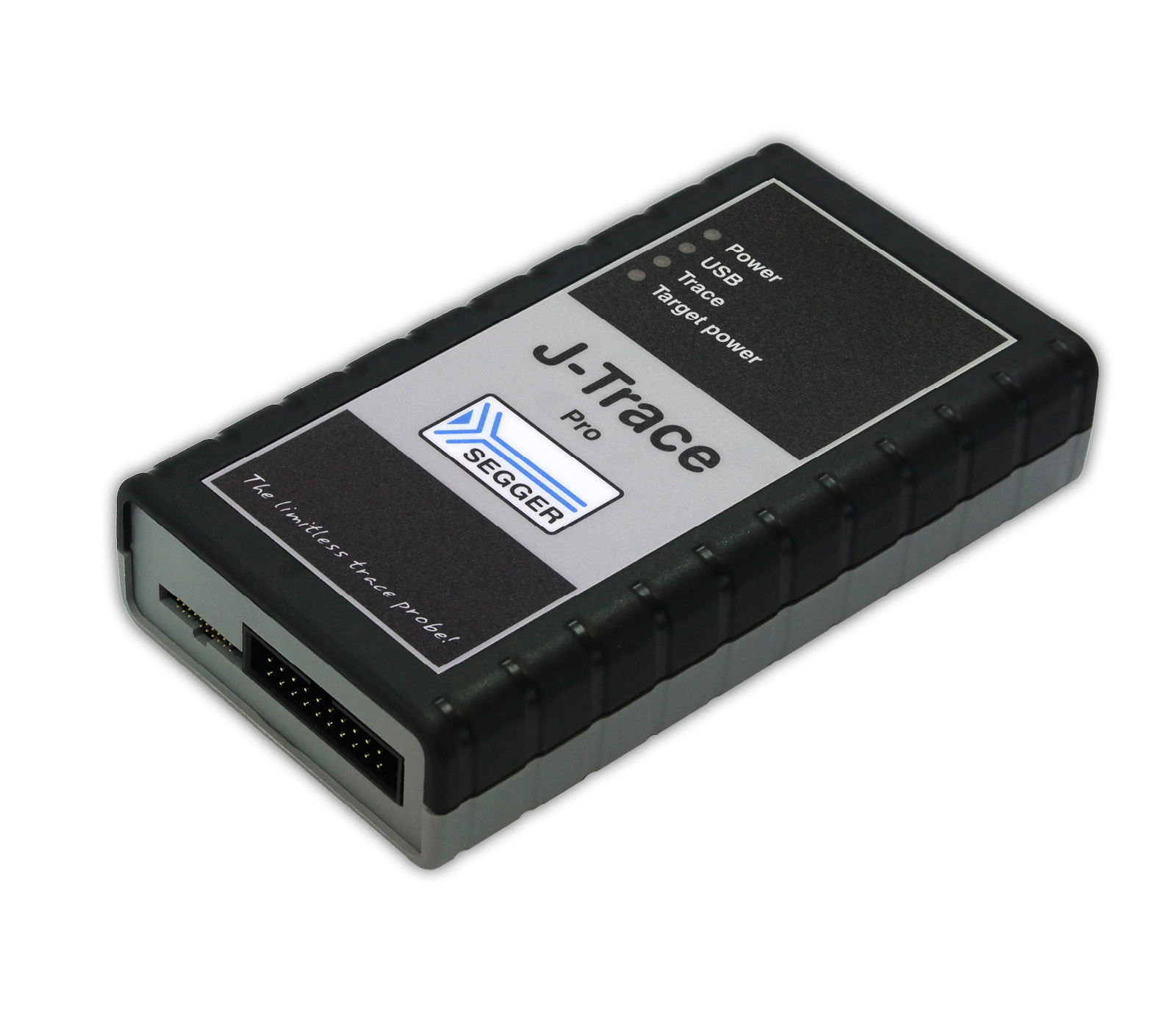 This image shows the J-Trace Pro, a compact debugging and tracing tool. It features labels for power and USB connections, and has socket connectors on one side. The device is designed for programming and testing embedded systems.