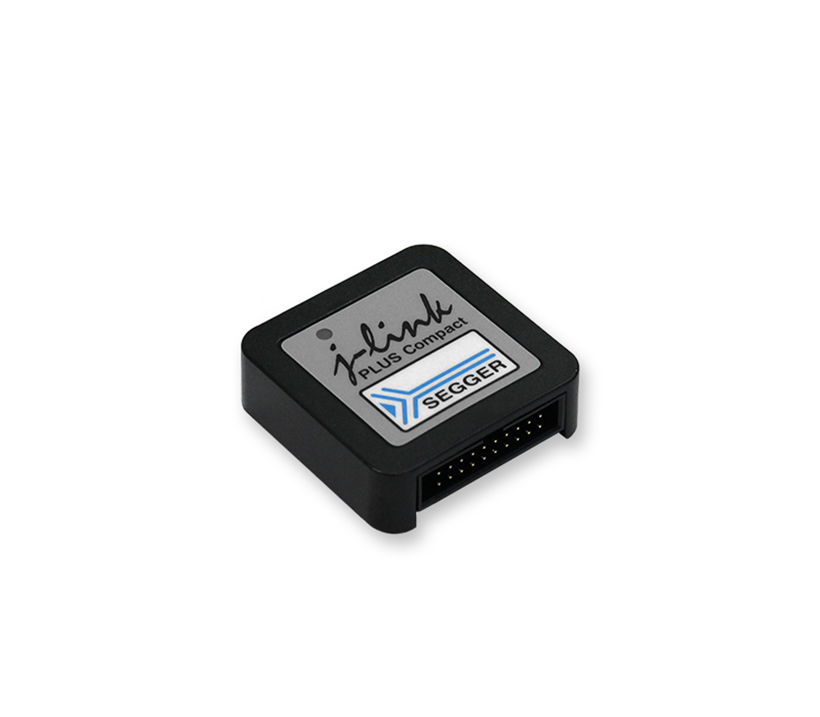 A small black rectangular device with a silver label reading "j-link PLUS Compact" and a logo from SEGGER. It has a series of metal pins on one side, designed for programming and debugging embedded systems.