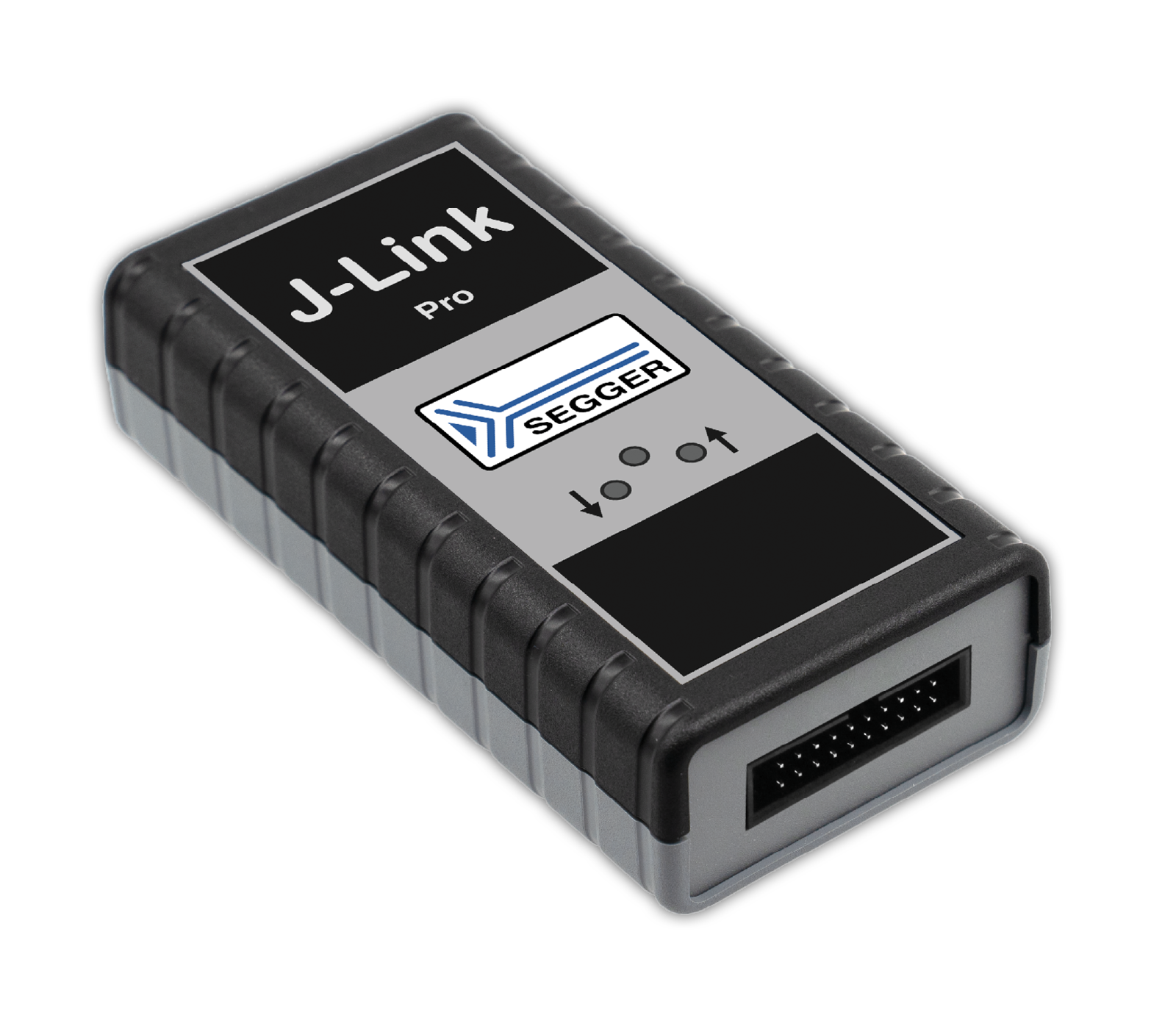 The image features a compact device labeled "J-Link Pro" by SEGGER. It has a black and gray casing with an interface for connections on one end and control buttons on the top. This device is commonly used for debugging and programming embedded systems.
