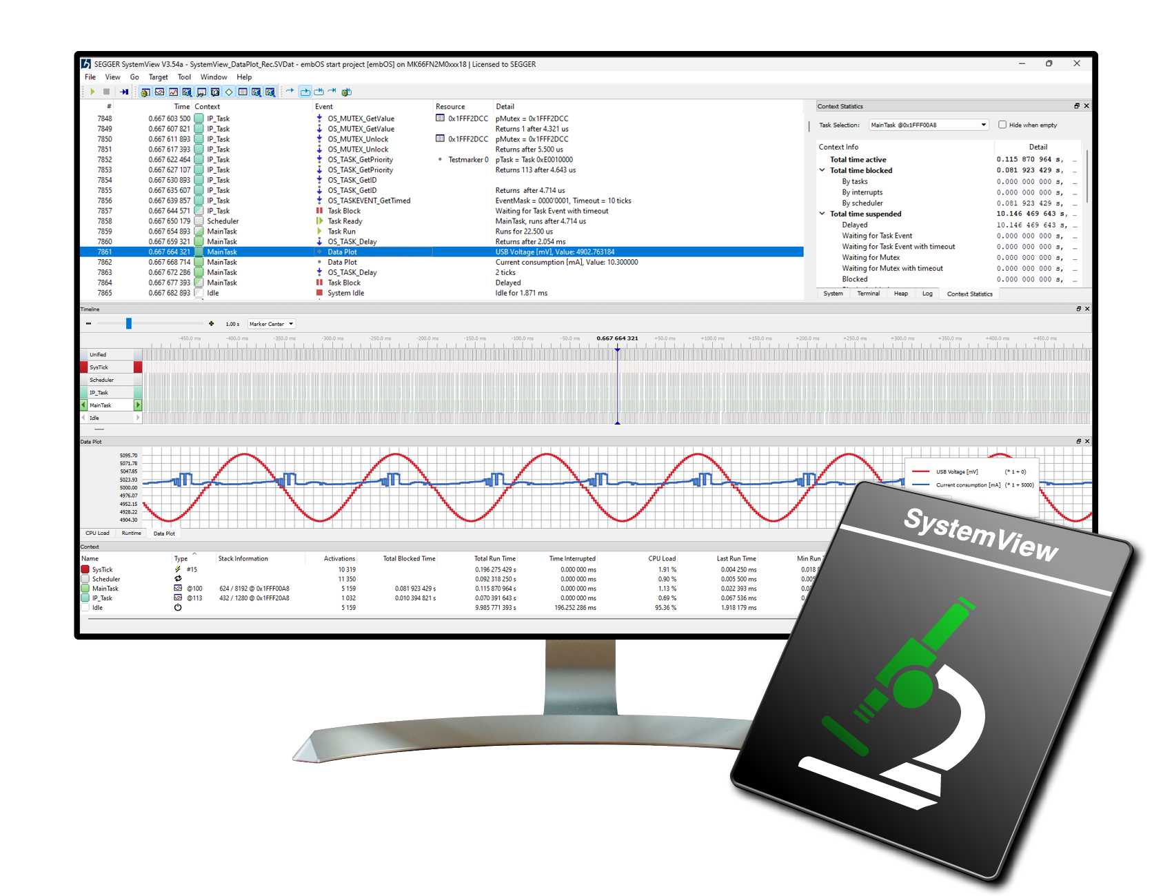An image shows a computer monitor displaying the SystemView software interface with various data metrics, including task information, CPU load, and graphical representations of runtime data. An icon for SystemView features a microscope graphic, indicating its purpose for performance analysis.
