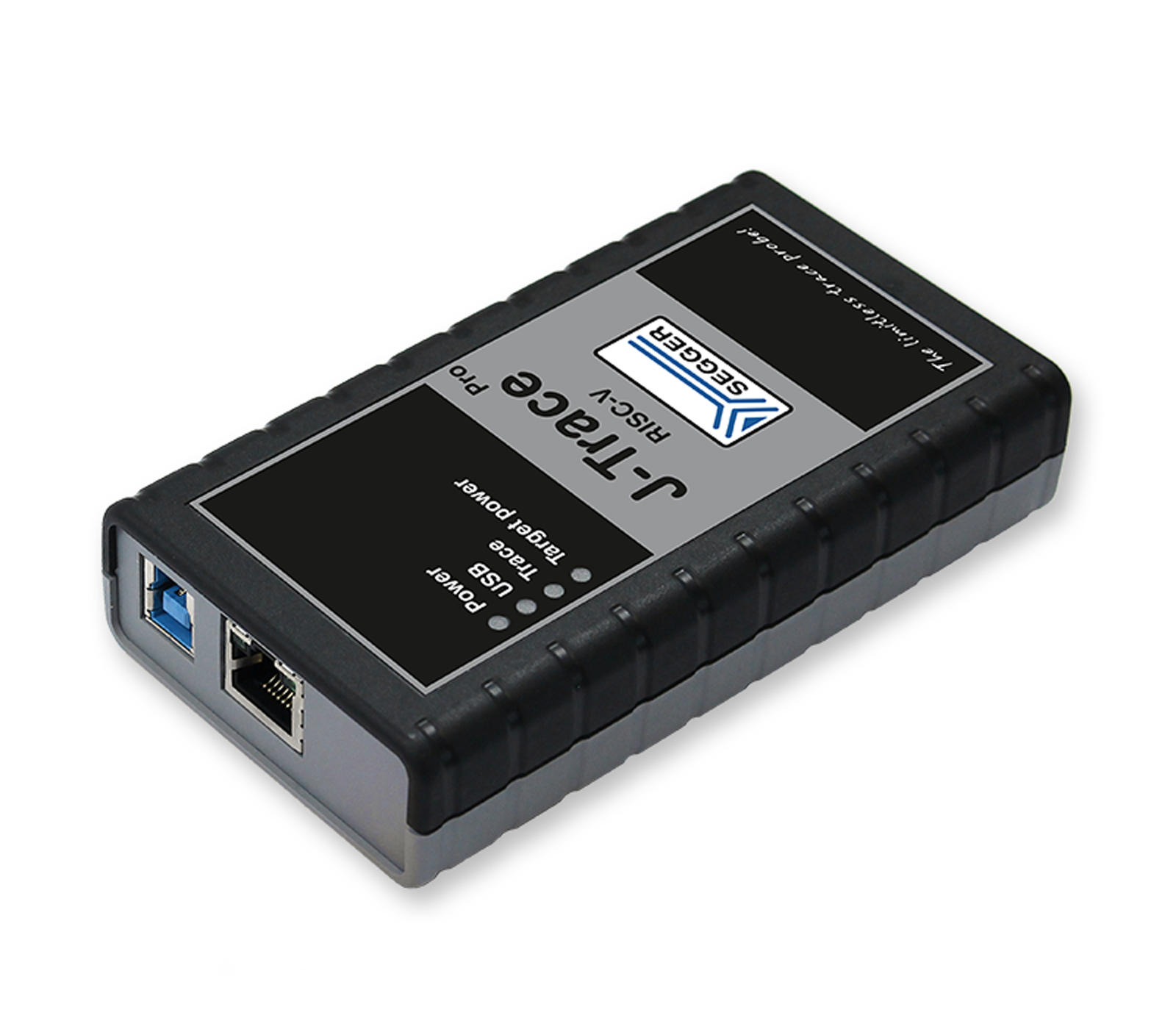 A compact electronic device with multiple connection ports, labeled "J-Tag Pro" and "Segger". It features a black and gray design with a textured surface, indicating its purpose for debugging or programming electronic systems.