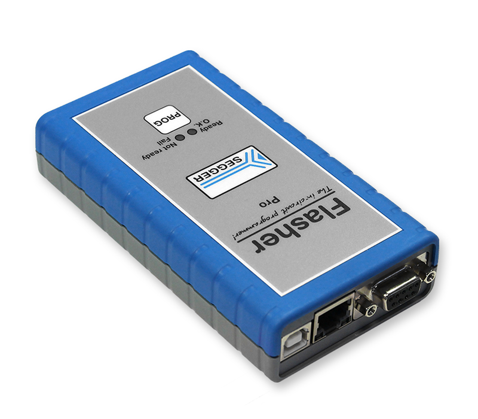 The image shows a gray and blue device, identified as a Flasher Pro. It features ports for connection, including an Ethernet and a serial port. The top surface has a label with the product name and indicator lights for power and connectivity status.