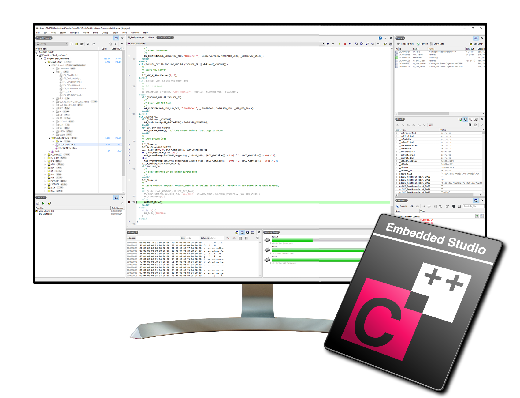 The image displays a computer monitor showcasing an integrated development environment (IDE) for embedded software. It includes code in C/C++ on the screen and a logo for Embedded Studio. The layout suggests ongoing programming or debugging activities.